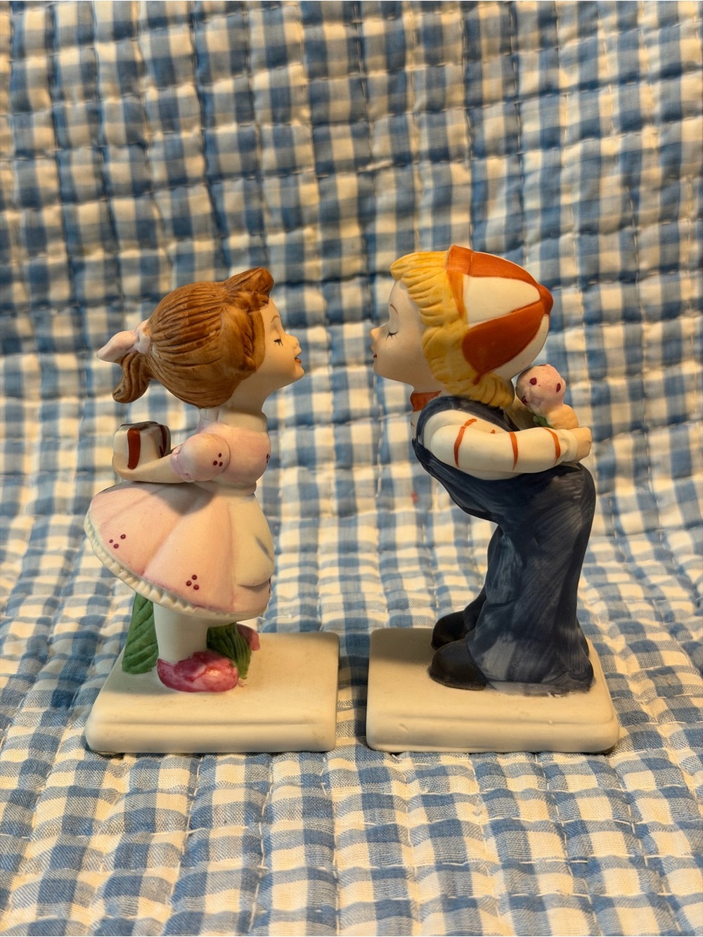 Korea Porcelain Painted Boy & Girl Figurines Set of 2 Square Bases 4.5 in
